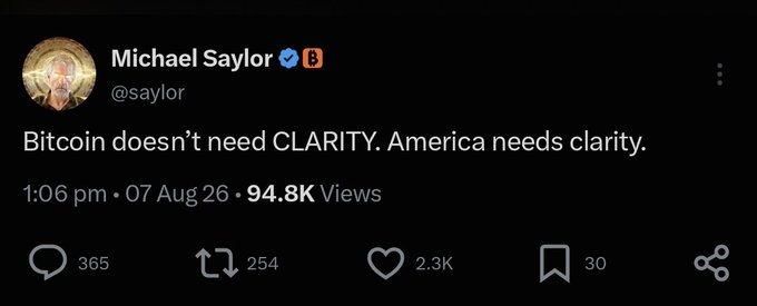 A screenshot of a tweet from Michael Saylor (@saylor) reading "Bitcoin doesn't need CLARITY. America needs clarity," posted on August 7 at 1:06 pm with 94.8K views, 365 replies, 254 reposts, and 2.3K likes. The post ties to Saylor's commentary on the Clarity Act, emphasizing his view that regulatory clarity benefits America rather than Bitcoin itself.