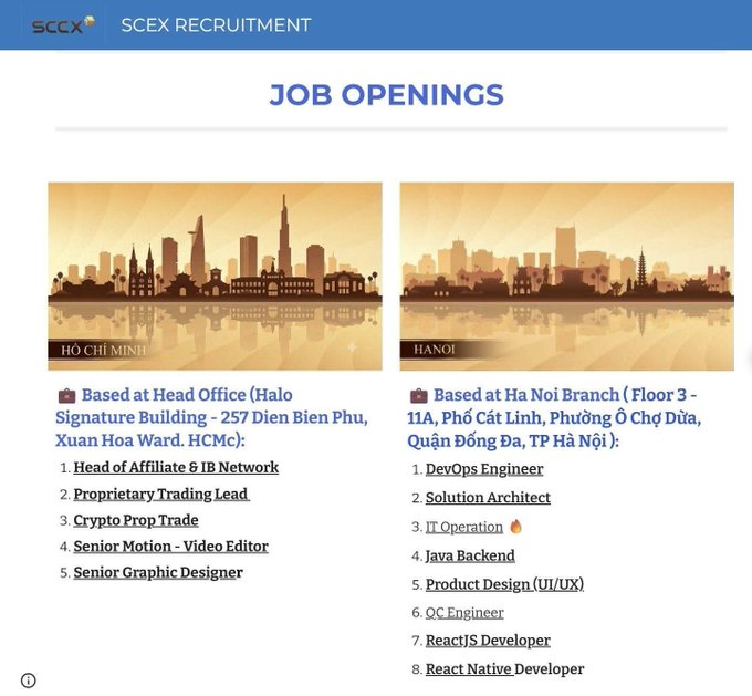 A job openings webpage for SCCX RECRUITMENT listing positions at Head Office in Ho Chi Minh City (including Head of Affiliate & IB Network and Senior Graphic Designer) and at Ha Noi Branch (including DevOps Engineer and Solution Architect).