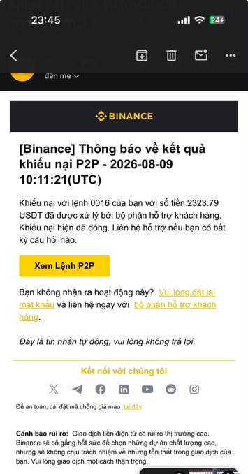 A Binance notification email in Vietnamese dated 2026-08-09 regarding the result of P2P complaint order 0016 for 2323.79 USDT.