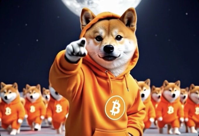 An AI-generated image showing a Shiba Inu dog wearing an orange Bitcoin hoodie pointing forward, with smaller similarly-dressed Shiba Inus behind it under a full moon.