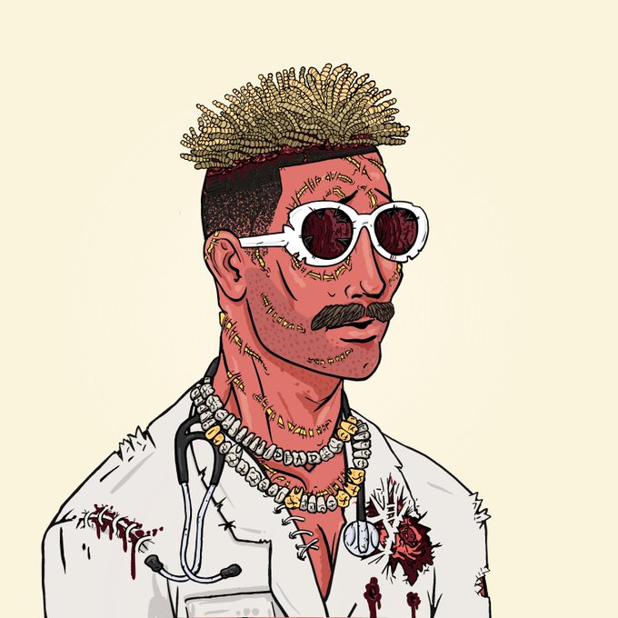 An illustration of a Black man with dreadlocks, white sunglasses, a mustache, gold chains, and a doctor's coat stained with blood, featuring tattoos on his face and neck.