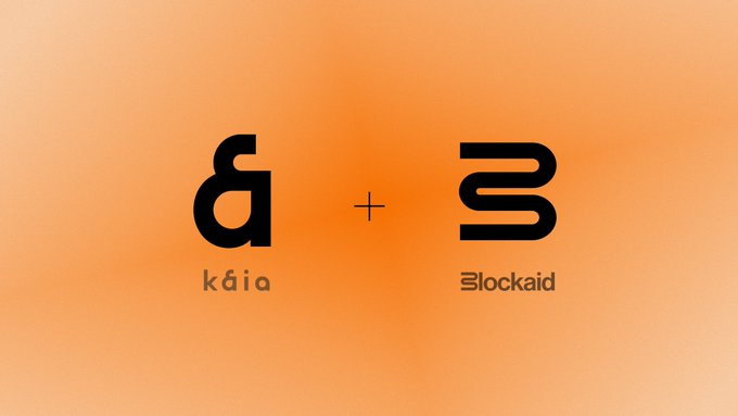 The image shows a logo lockup for "Kaia" and "Blockaid" on an orange gradient background, illustrating the partnership announced in the post between the two companies to bring onchain monitoring and transaction simulation security to the Kaia ecosystem.