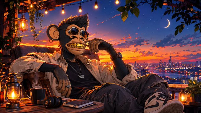 A stylish animated monkey in sunglasses lounges on a rooftop at sunset with a coffee, headphones, and notebook nearby, while a city skyline glows behind him—capturing the relaxed, end-of-night vibe of the post as he unwinds and previews tomorrow's prediction picks.