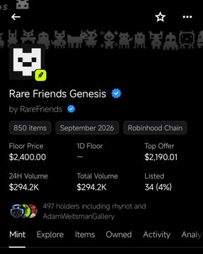 A screenshot of an NFT collection page on what appears to be OpenSea, showing 'Rare Friends Genesis' by RareFriends with 850 items, a floor price of $2,400.00, and a top offer of $2,190.01, on the Robinhood Chain.
