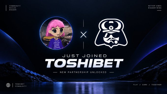 A partnership announcement graphic reading 'JUST JOINED TOSHIBET' and 'NEW PARTNERSHIP UNLOCKED,' with text 'COMMUNITY BUILDS BIGGER' and 'BETTER VIBES BIGGER WINS.'