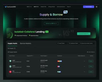 A dark-themed screenshot of the JustLend DeFi platform showing its 'Supply & Borrow V2' interface with isolated-collateral lending features and supply vaults for various tokens.