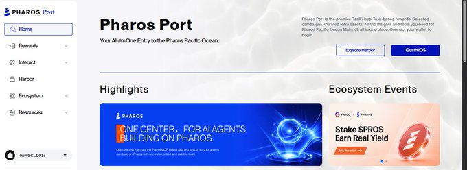 A screenshot of a website homepage for 'Pharos Port' with the tagline 'Your All-In-One Entry to the Pharos Pacific Ocean' and highlight sections for 'AI AGENTS BUILDING ON PHAROS' and 'Stake $PROS Earn Real Yield'.