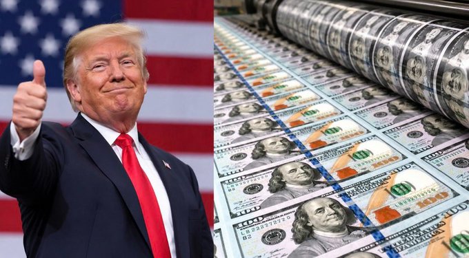 A composite image featuring Donald Trump giving a thumbs-up in front of an American flag on the left, and printing presses producing sheets of $100 bills on the right.