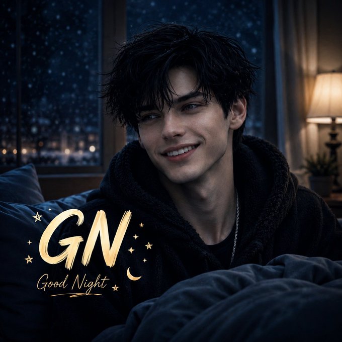 An illustrated portrait of a smiling young man in a dark robe at night with 'GN Good Night' written in stylized gold lettering.