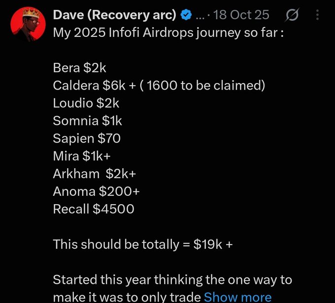 A screenshot of a social media post by "Dave (Recovery arc)" dated October 18, 2025, titled "My 2025 InfoFi Airdrops journey so far," listing earnings from various crypto projects including Bera ($2k), Caldera ($6k + 1600 to be claimed), Loudio ($2k), Somnia ($1k), Sapien ($70), Mira ($1k+), Arkham ($2k+), Anoma ($200+), and Recall ($4500), totaling approximately $19k+, with the caption celebrating the milestone after five months of airdrop farming and expressing intent to surpass it through future "trenches" plays.