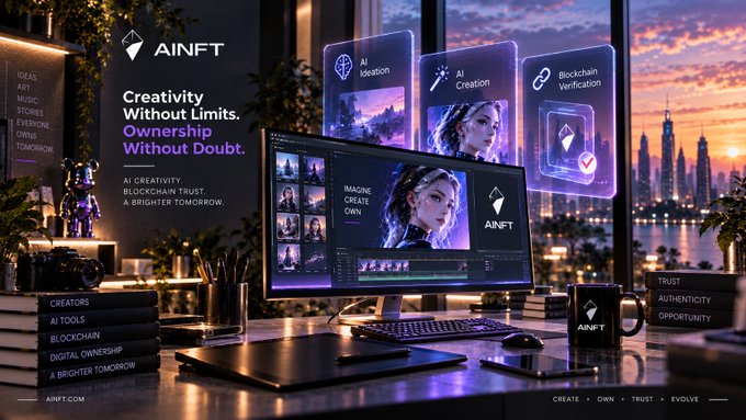 The image showcases an AINFT workspace setup featuring a monitor displaying AI-generated artwork alongside promotional graphics highlighting "Creativity Without Limits. Ownership Without Doubt." with tags like "AI Creation," "Blockchain Verification," and "TRUST AUTHENTICITY OPPORTUNITY," visually reinforcing the post's message about AI and blockchain redefining creative ownership.