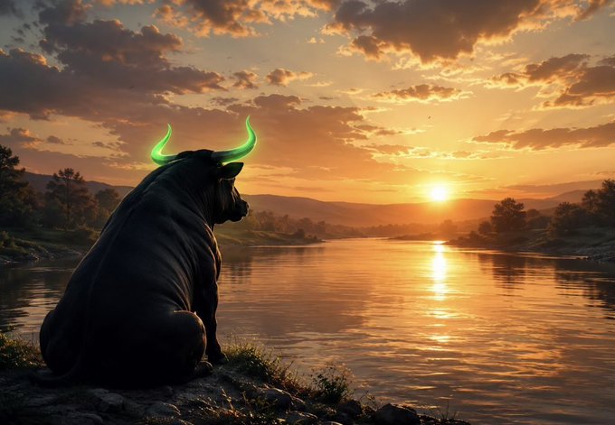 A black dog with glowing green horns sits by a river at sunset, gazing at the orange horizon.