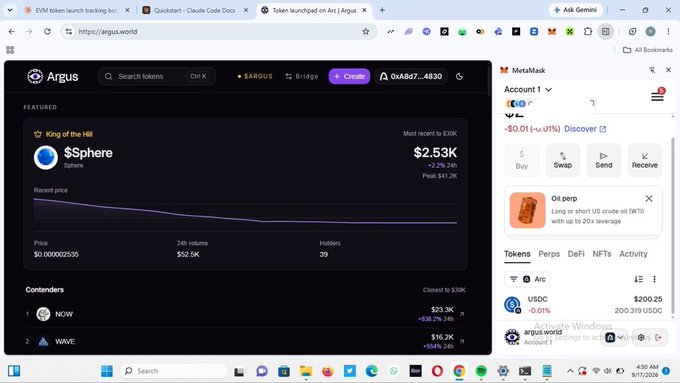 A screenshot of the Argus.world website showing a token launch tracking page featuring '$Sphere' with a recent price of $0.000002535 and 24h volume of $52.9K, alongside a MetaMask wallet extension displaying a balance of $200.25 USDC.