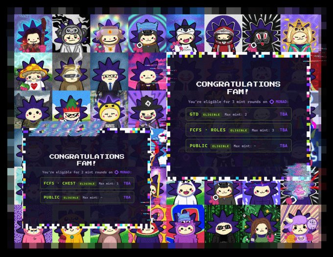 The image displays a grid of colorful, spiky-haired purple NFT character avatars with two "CONGRATULATIONS FAM!" eligibility pop-up messages indicating mint allocations (3 and 2 mint rounds) for the "CHOG" and related collections on Monad, supporting the post about being eligible for the @ChogNFT genesis mint.
