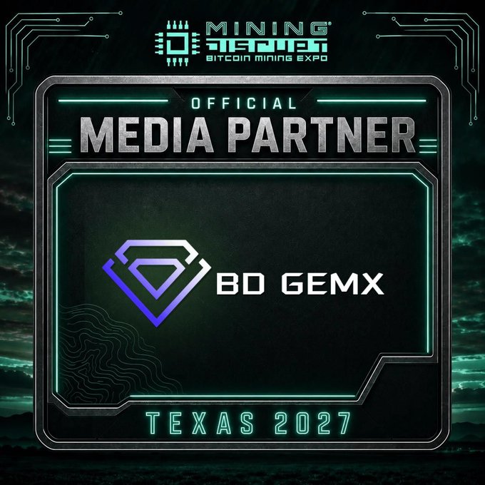 A digital badge recognizing BD GemX as an Official Media Partner of Mining Disrupt 2027, the Bitcoin Mining Expo in Texas, featuring teal circuit-board accents and the event's geometric diamond logo.