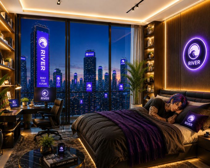 A stylish bedroom overlooks a nighttime cityscape adorned with glowing "RIVER" branding on skyscrapers and wall displays, with a relaxed figure lounging on the bed near a "RIVER" pillow—visually tying the cozy, futuristic vibe to the post's deeper dive into River's stablecoin and CDP innovations.