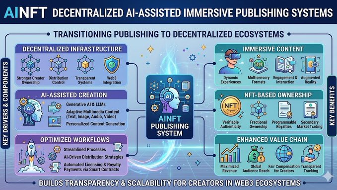 This graphic illustrates a step-by-step process of transitioning from traditional printing systems towards more efficient and centralized peer-to-peer publishing platforms with AI assistance. The central element in this illustration is a graphic representation of an "AI-assisted" title that suggests this shift may involve the use of AI to assist with content creation, distribution, and management within these new systems.