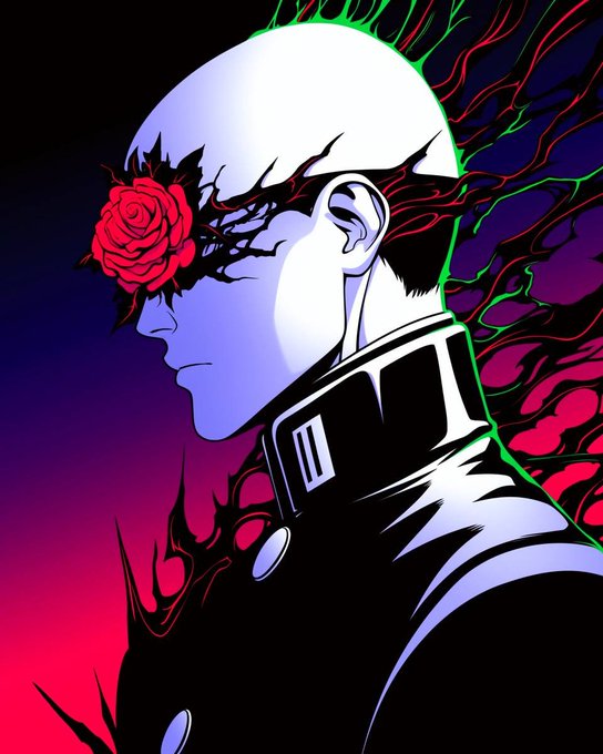 A stylized digital portrait of a pale, bald figure with a red rose covering one eye, wearing a dark uniform, set against a background of black and green tendrils.