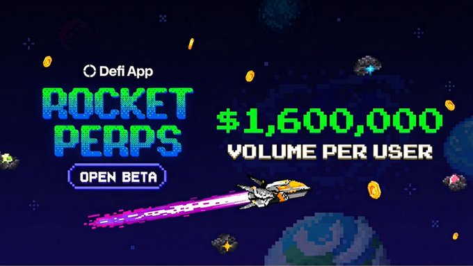 The image displays a rocket-themed advertisement for a digital game or platform named "Rocket Perps". The ad features an image of a space shuttle flying through a starry sky, accompanied by text that details the app's features. The caption provides information about the beta stage and the number of users who have already participated in the app, as well as highlighting the app's potential for future growth based on user engagement. It also mentions a $1.6M notional value per user. Additionally, there is a link to a website or resource related to Rocket Perps, suggesting that this promotional material is intended to encourage users and potential customers to download the app and explore its offerings further.