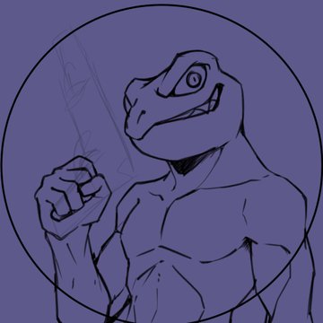 A line-art drawing on a purple circular background depicts a muscular anthropomorphic dinosaur (T-Rex) character holding what appears to be a weapon.