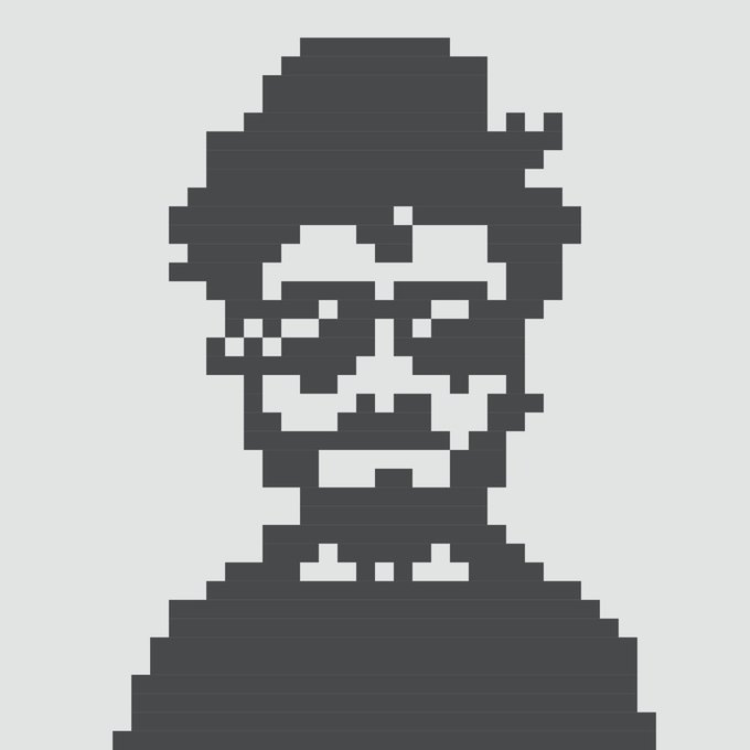 A pixel art rendering of a face and shoulders in shades of dark gray.