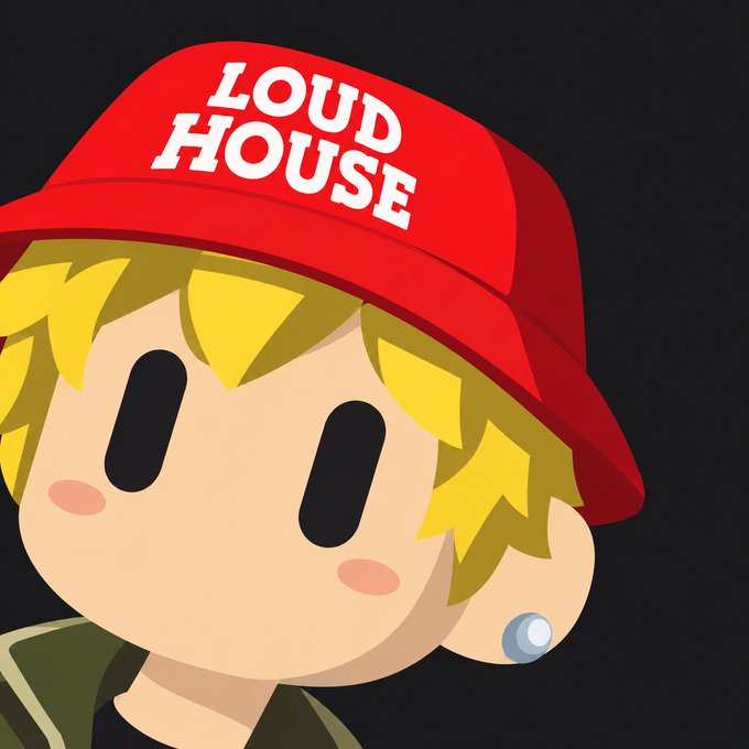 A cartoon character portrait of a blonde person wearing a red 'LOUD HOUSE' baseball cap with a pearl earring.