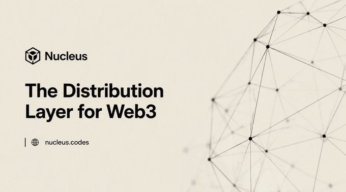 The image shows a promotional banner for "Nucleus" branding itself as "The Distribution Layer for Web3" (nucleus.codes), featuring their logo alongside a network/node graphic. It visually supports the post's point about Nucleus focusing on meaningful on-chain activity rather than vanity metrics, as the network imagery reinforces the platform's emphasis on developer-driven, code-verified contributions.