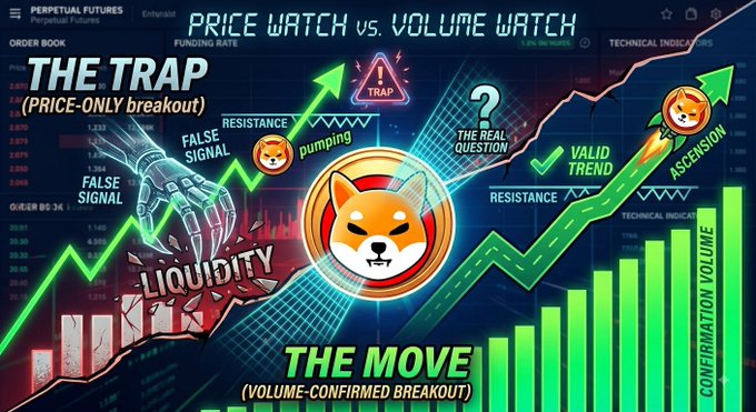 A crypto trading infographic titled 'PRICE WATCH vs. VOLUME WATCH' contrasting 'THE TRAP (PRICE-ONLY breakout)' featuring false signals and pumping versus 'THE MOVE (VOLUME-CONFIRMED BREAKOUT)' showing a valid trend ascension, centered around a Shiba Inu (SHIB) token graphic.