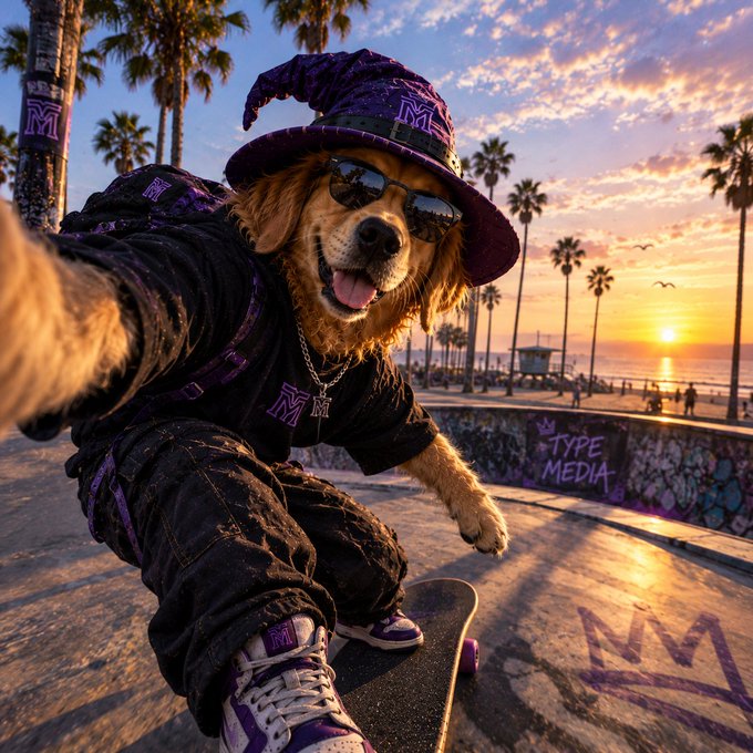 A golden retriever wearing a purple wizard hat, sunglasses, and a black 'M' branded outfit is captured mid-action skateboarding at a beach skatepark during a vibrant sunset, with 'TYPE MEDIA' visible in graffiti.