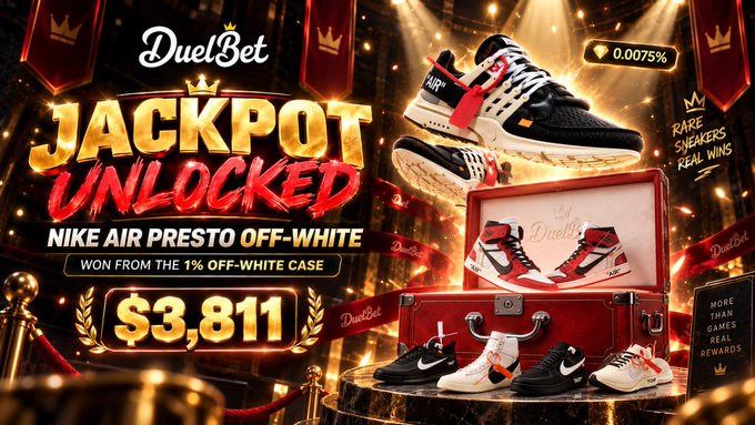 The promotional graphic announces a "JACKPOT UNLOCKED" win at DuelBet, featuring Nike Air Presto Off-White sneakers valued at $3,811, won from a 1% Off-White case with a 0.0075% rarity. It ties to the post by advertising a DuelBet giveaway, prompting users to comment "Done," register on duelbet.com, and use code CASEOCTOBER for up to a 500% welcome bonus.