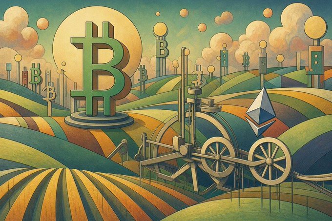 A colorful illustration depicting a Bitcoin monument, an Ethereum diamond, and cryptocurrency street signs in a stylized landscape with a steam-powered mechanism.