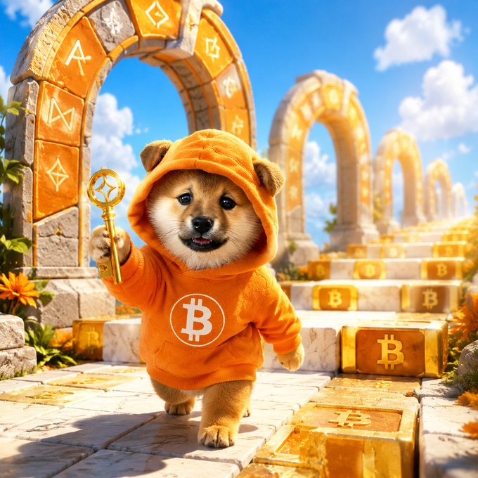 Digital artwork of a Shiba Inu dog wearing an orange hoodie with the Bitcoin '₿' logo, holding a staff with a Bitcoin symbol, walking through golden arches and stairs marked with Bitcoin symbols.