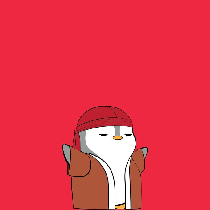 A minimalist illustration of a penguin character wearing a red bandana and brown jacket against a solid red background.