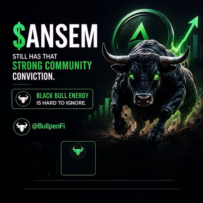 A promotional graphic for '$ANSEM' featuring a powerful black bull with green glowing eyes charging forward, with text stating 'STILL HAS THAT STRONG COMMUNITY CONVICTION' and 'BLACK BULL ENERGY IS HARD TO IGNORE,' alongside the handle @BullpenFi.