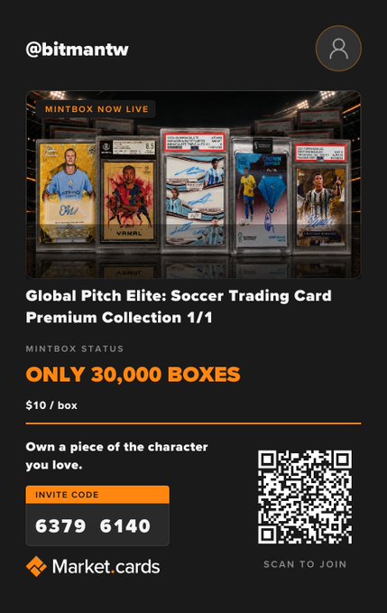 The image shows a post for a global pitch elite soccer trading card premium collection, which includes a mintbox status offering of one free collectible card per payment made on MarketCardsHQ.