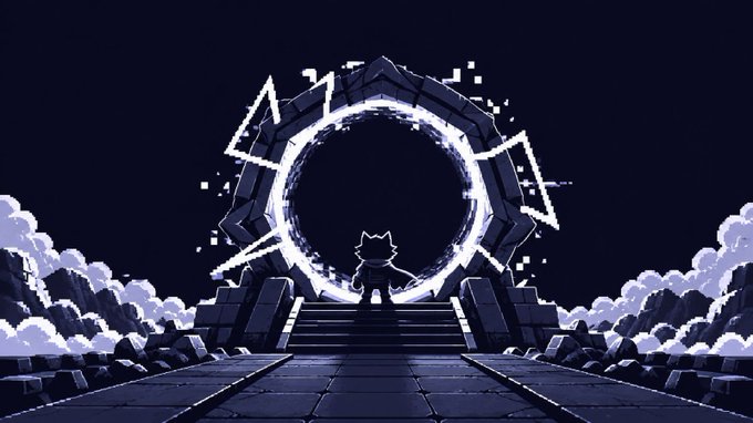 Pixel art showing a small character with a sword standing before a glowing circular portal flanked by stone ruins and clouds.