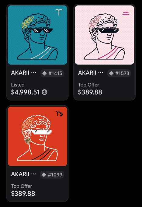 Three NFT cards titled "AKARII" featuring a classical bust illustration with pixelated sunglasses on blue, pink, and red backgrounds, showing listing and top offer prices ranging from $389.88 to $4,998.51.
