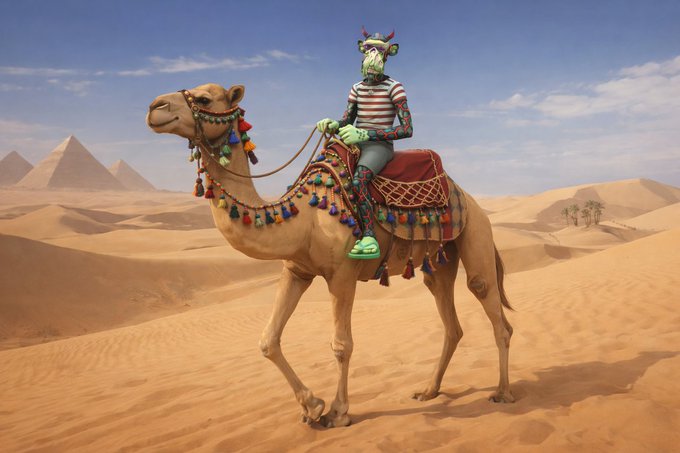 A green alien character wearing a striped shirt and cap rides a decorated camel through a desert landscape with pyramids visible in the background.