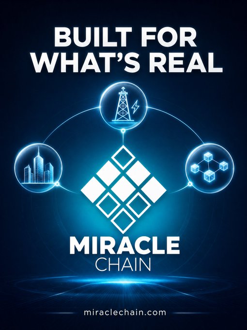 Promotional poster for 'MIRACLE CHAIN' with the tagline 'BUILT FOR WHAT'S REAL,' featuring a central glowing diamond logo connected to icons of an oil rig, city skyline, and blockchain nodes.