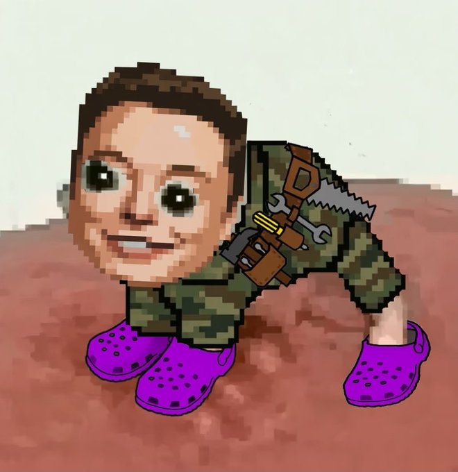 A pixel art/crude edit image of a child's face superimposed on a crouching body in camouflage clothing with tools and pink Crocs on a Mars-like surface.
