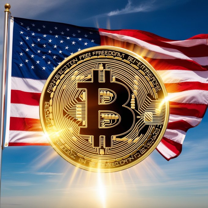 A golden Bitcoin coin with "FREEDOM" inscribed on its rim glows radiantly in front of a waving American flag against a bright sky. The imagery evokes the post's call for the Clarity Act to pass before the Senate recess, symbolizing hopes for clearer, freedom-oriented U.S. cryptocurrency regulation.