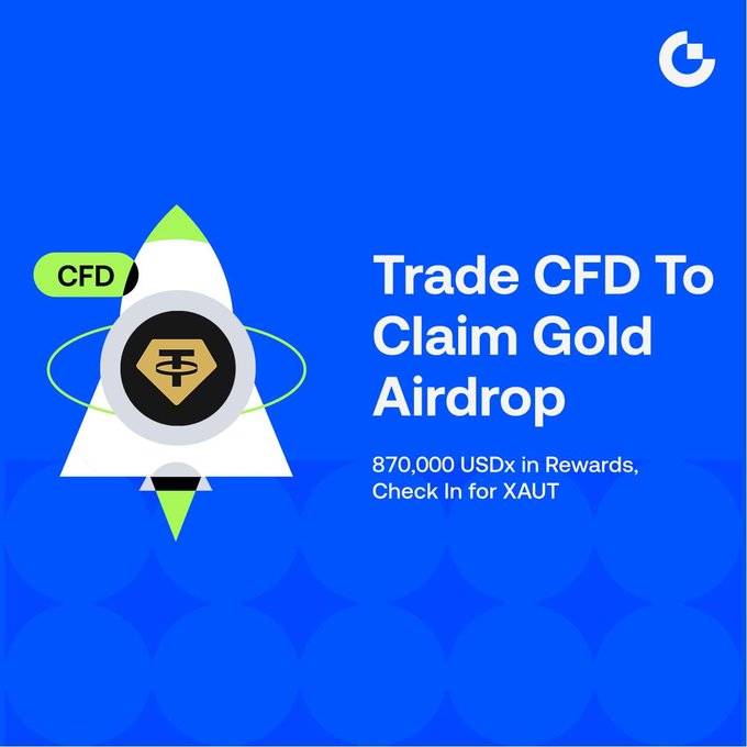 A promotional graphic on a blue background features a rocket with a 'CFD' tag and a tether logo, advertising 'Trade CFD To Claim Gold Airdrop' with '870,000 USDx in Rewards. Check In for XAUT'.