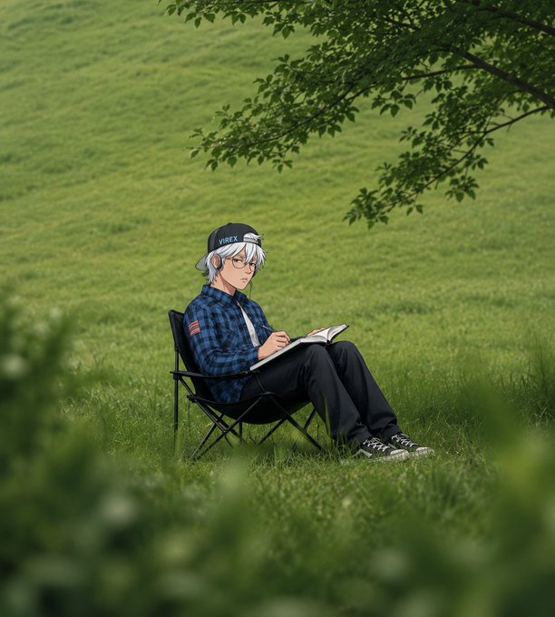 An anime-style character with white hair and a "VIREX" cap sits on a folding chair in a peaceful green field, writing in a notebook — visually echoing the caption's theme of finding calm ("peace in the midst of the storm") while reflecting the personal VIREX brand identity.