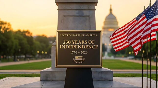 The image features a sign that reads "United States of America 250 Years of Independence" and two American flags, one on each side of the sign. The background shows a view of the Capitol building with the sun setting behind it. The text on the sign indicates that this is a celebration to mark 250 years since the United States declared its independence from Great Britain. The image also includes a post that announces a contest for those who have signed up and redeemed their code, offering $25 for each winner.