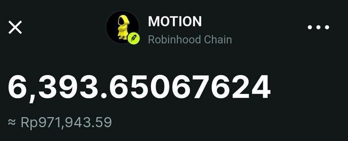 A Robinhood Chain wallet screen displays a balance of 6,393.65067624 MOTION tokens, valued at approximately Rp971,943.59, reflecting the airdrop rewards highlighted in the post about the yapping meta on Robinhood.