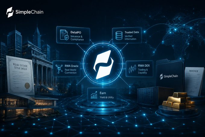 A digital infographic for 'SimpleChain' showing its ecosystem with features including DataPO (Insurance & Compliance), Trusted Data (Verified Information), RWA Oracle (Real-World Asset Connection), RWA DEX (Trading & Liquidity), and Earn (Yield & Utility), alongside imagery of real estate documents, gold bars, and an invoice.