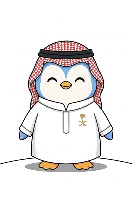 A cute cartoon penguin mascot is dressed in traditional Saudi Arabian attire, including a red and white checkered keffiyeh and a white thobe with a palm tree emblem.