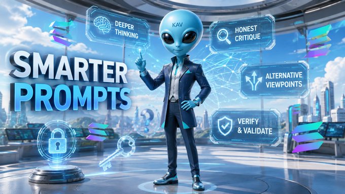 A futuristic alien-like character in a blue suit presents a 'SMARTER PROMPTS' infographic with features like 'DEEPER THINKING', 'HONEST CRITIQUE', 'ALTERNATIVE VIEWPOINTS', and 'VERIFY & VALIDATE' hovering around them.
