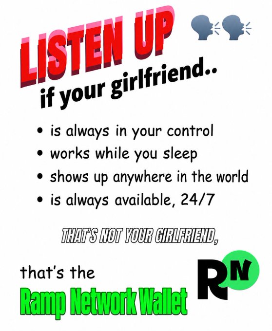 A humorous infographic-style ad jokes that the "Ramp Network Wallet" is the perfect "girlfriend" because it's always in your control, works while you sleep, shows up anywhere in the world,24/7, with the caption playfully tying into the post's "consider yourself warned" by suggesting users should be forewarned about how addictive and indispensable the crypto wallet will become.