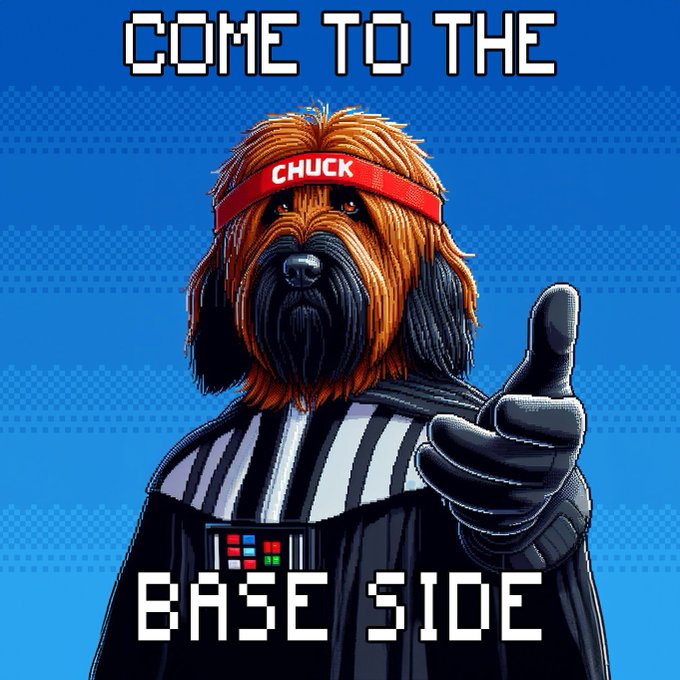 A pixel art illustration of a dog dressed as a referee with a 'CHUCK' headband, pointing forward with the text 'COME TO THE BASE SIDE'.